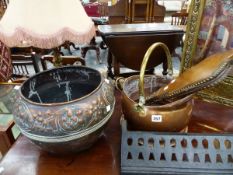 A COPPER JARDINIERE, COAL BUCKET, BRASS LAMP ETC.