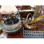 A COPPER JARDINIERE, COAL BUCKET, BRASS LAMP ETC.