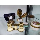 A LATE VICTORIAN MOTHER OF PEARL SCENT BOTTLE STAND, A SILVER INKWELL, TRINKET BOXES AND IVORY