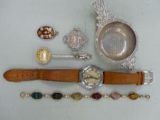 A HALLMARKED SILVER TEA STRAINER, A GENTS VINTAGE ROTARY WRIST WATCH, SILVER COIN BROOCH, A SCARAB