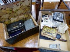 A QUANTITY OF POST CARDS, MISC. COINS, A PINE BOX ETC.