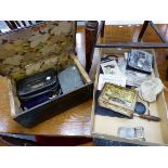 A QUANTITY OF POST CARDS, MISC. COINS, A PINE BOX ETC.