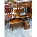 A VICTORIAN TRIPOD TABLE, TWO SEWING BOXES, A SEWING MACHINE, AND A SUTHERLAND TABLE.