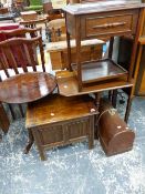 A VICTORIAN TRIPOD TABLE, TWO SEWING BOXES, A SEWING MACHINE, AND A SUTHERLAND TABLE.