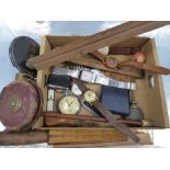 A GROUP OF SIX WRIST WATCHES, A POCKET WATCH, TREEN FOLDING RULERS, TAPE MEASURES ETC.