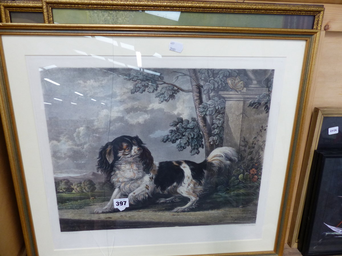 ENGRAVING OF A SPANIEL AND TWO FURTHER PRINTS.