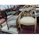 A GEORGIAN STYLE WEB BACK ARM CHAIR, AND AN UPHOLSTERED ARM CHAIR.