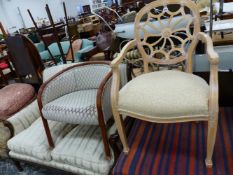 A GEORGIAN STYLE WEB BACK ARM CHAIR, AND AN UPHOLSTERED ARM CHAIR.