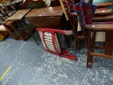 A 19TH C. SMALL MAHOGANY TABLE, A STICK STAND, AND VARIOUS OCCASIONAL FURNITURE.