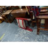 A 19TH C. SMALL MAHOGANY TABLE, A STICK STAND, AND VARIOUS OCCASIONAL FURNITURE.