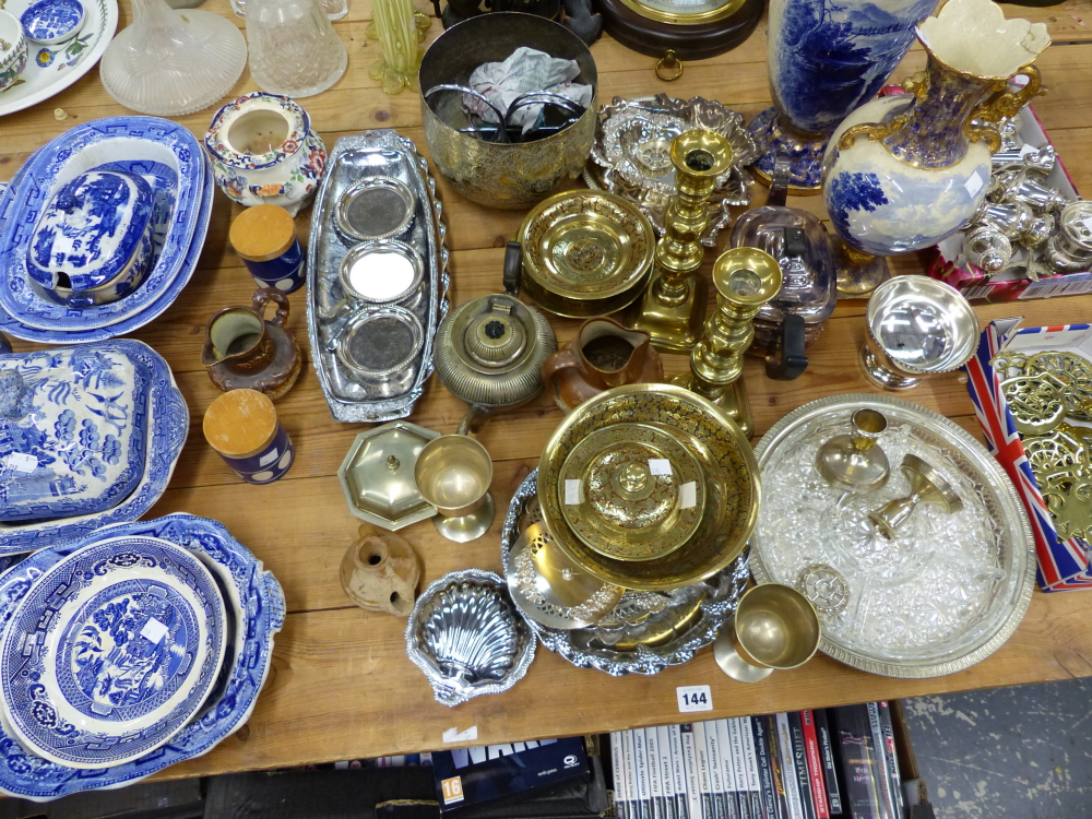 A QUANTITY OF BLUE AND WHITE TUREEN COVERS, TWO VASES, SILVER PLATED WARES, HORSE BRASSES ETC.