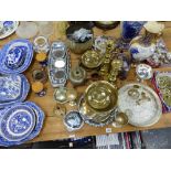 A QUANTITY OF BLUE AND WHITE TUREEN COVERS, TWO VASES, SILVER PLATED WARES, HORSE BRASSES ETC.