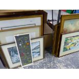 A SMALL COLLECTION OF WATERCOLOURS, PRINTS, AN OIL PAINTING ETC.