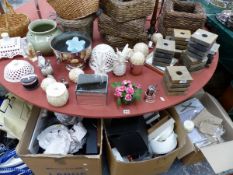 A QUANTITY OF VARIOUS DISPLAY STANDS, BASKETS, ROSE BOWL, AND A QUANTITY OF KITCHENALIA ETC.