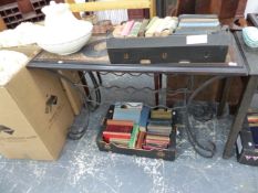 A WROUGHT IRON AND MOSAIC TOP CONSOLE TABLE.