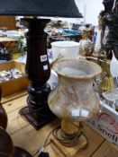 A MAHOGANY TABLE LAMP AND AN ALABASTER EXAMPLE.