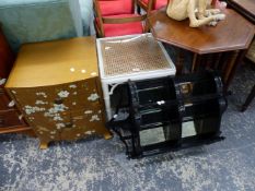 A PAINTED BEDSIDE CHEST, TWO OCCASIONAL TABLES AND A WALL SHELF.