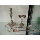 TWO SILVER ORNATE SOUP SPOONS, A PAIR OF PLATED BERRY SPOONS, A PLATED CANDLESTICK, AND A SPANISH