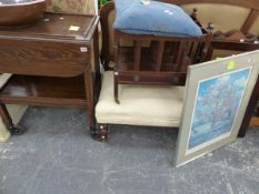 TWO FOLDING CHAIRS, A STOOL, ROSEWOOD FRAMED MIRROR, ELM BOWL ETC.