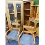 A MODERN OAK DISPLAY CABINET, PINE OCCASIONAL FURNITURE, TWO ARMCHAIRS ETC.