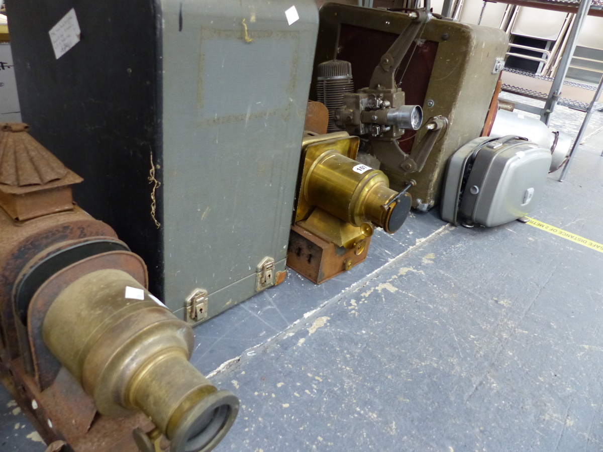 TWO ANTIQUE MAGIC LANTERNS, A BELL AND HOWELL PROJECTOR, AN ENLARGER ETC.