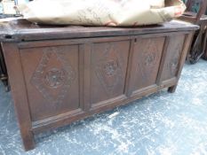AN EARLY 18th C. OAK PANELLED COFFER.