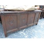 AN EARLY 18th C. OAK PANELLED COFFER.