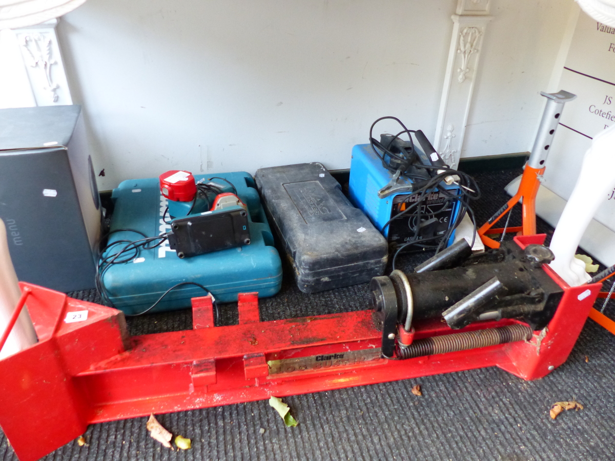 VARIOUS POWER TOOLS, A WELDER, AXLE STANDS ETC.