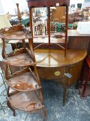 ANTIQUE BOW FRONT SIDEBOARD, A CORNER WHAT NOT AND A CORNER STAND.