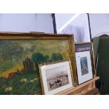 AN OIL PAINTING SIGNED TED MOORE, A SMALL WATERCOLOUR AND THREE PRINTS.