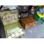 VINTAGE BREXTON PICNIC BOX AND CONTENTS A HAMPER, A CHILDS CHAIR AND A DOLL.