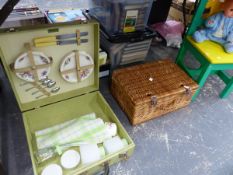 VINTAGE BREXTON PICNIC BOX AND CONTENTS A HAMPER, A CHILDS CHAIR AND A DOLL.