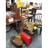 A RETRO FLOOR LAMP, FOOT BELLOWS, A ROCKING CHAIR ETC.