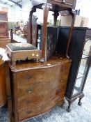 A WALNUT SERPENTINE CHEST OF DRAWERS, A SIDE TABLE AND A STOOL.