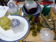 ORIENTAL BLUE AND WHITE BOWL, A HAT, LIGHT SHADES, ARTS AND CRAFTS TILE ETC.