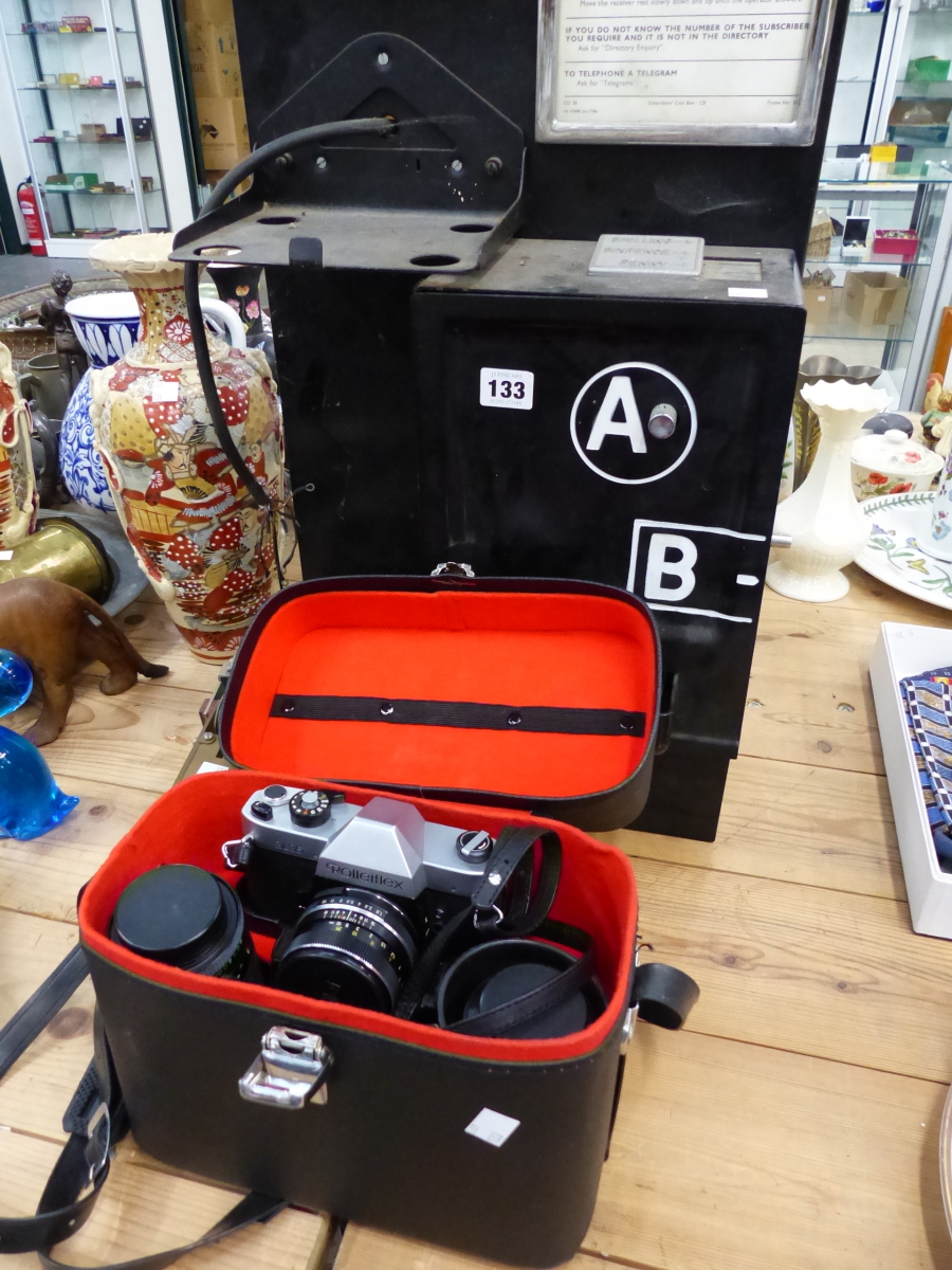 A ROLLEIFLEX CAMERA, AND A VINTAGE AB PHONE BOX.