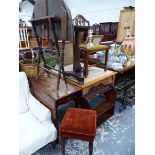 A COACHING TABLE, A SMALL DROP LEAF TABLE, A WALL SHELF AND A LAMP TABLE AND CHAIR.