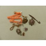 A CORAL FLAT WOVEN NECKACE, A GOLD AND AMETHYST PENDANT, A SILVER FOB PENDANT, BROOCHES ETC.