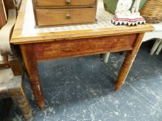 ANTIQUE PINE KITCHEN TABLE WITH TILED TOP.