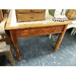 ANTIQUE PINE KITCHEN TABLE WITH TILED TOP.