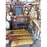 A VICTORIAN CARVED OAK HIGH BACK CHAIR AND THREE OTHERS.