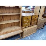 A QUANTITY OF MODERN PINE FURNITURE AND A SMALL OAK THREE DRAWER CHEST.