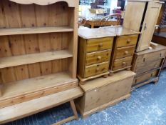 A QUANTITY OF MODERN PINE FURNITURE AND A SMALL OAK THREE DRAWER CHEST.