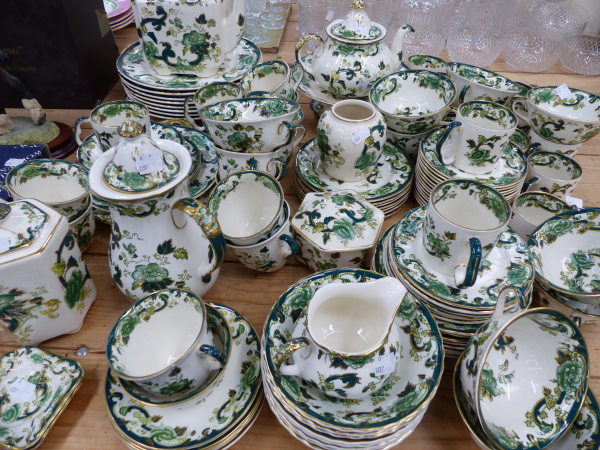 A MASONS IRON STONE CHARTREUSE PATTERN PART TEA AND DINNER SERVICE.