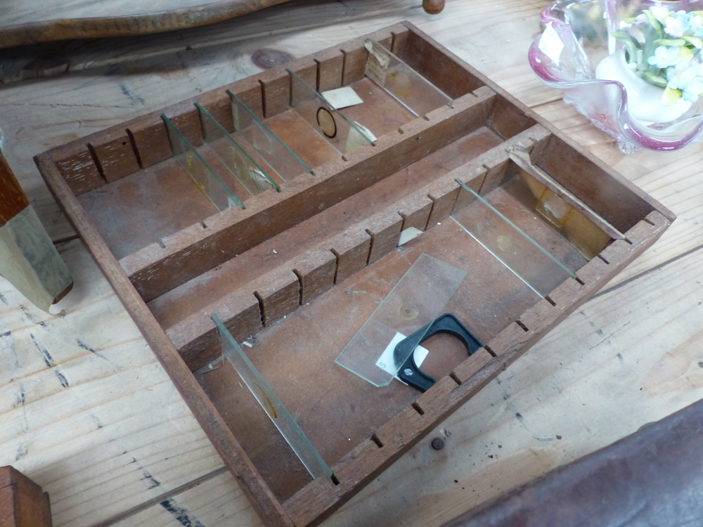 A BAUSCH AND LOMB MICROSCOPE IN MAHOGANY CASE, A SMALL COLLECTION OF MICROSCOPE SLIDES, A WALL SHELF - Image 3 of 6