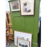 WATERCOLOUR OF A CAT SIGNED MARK CHESTER, A SMALL OIL OF A DOG, WATERCOLOUR RIVER SCENE, AND ONE