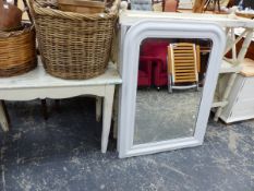 TWO ANTIQUE PAINTED FRAMED MIRRORS, A PAINTED THREE TIER STAND AND A SIDE TABLE.