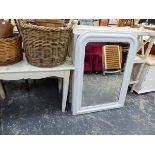 TWO ANTIQUE PAINTED FRAMED MIRRORS, A PAINTED THREE TIER STAND AND A SIDE TABLE.