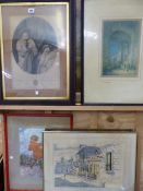 19th C. ENGRAVING, AN EASTERN COLOUR PRINT, AND A LARGE GILT FRAMED PRINT.