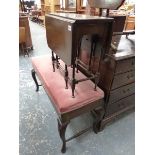 A MAHOGANY DUET STOOL AND TWO OCCASIONAL TABLES.